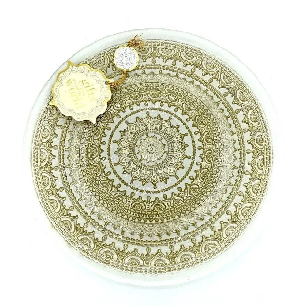 TURKISH GLASS White Entrée Plates Hand Painted Gold Lace Set of 4 NWT Glass